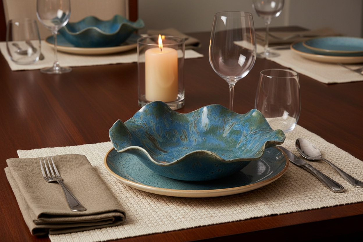 Azure Wave Ceramic Bowl — Handmade & Carved