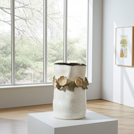Wildflower Ceramic Vase with Cream Flowers and Leaves