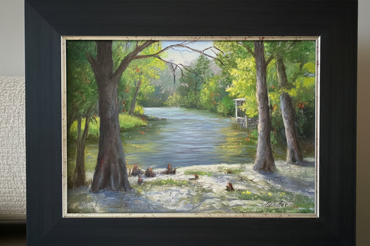 Original plein air pastel painting of the Bogue Falaya River, Covington, Louisiana by Glinda Schafer — Helping Hands Gallery


