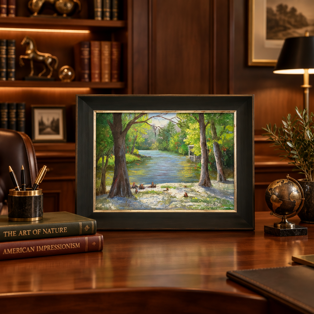 Original plein air pastel painting of the Bogue Falaya River, Covington, Louisiana by Glinda Schafer — Helping Hands Gallery


