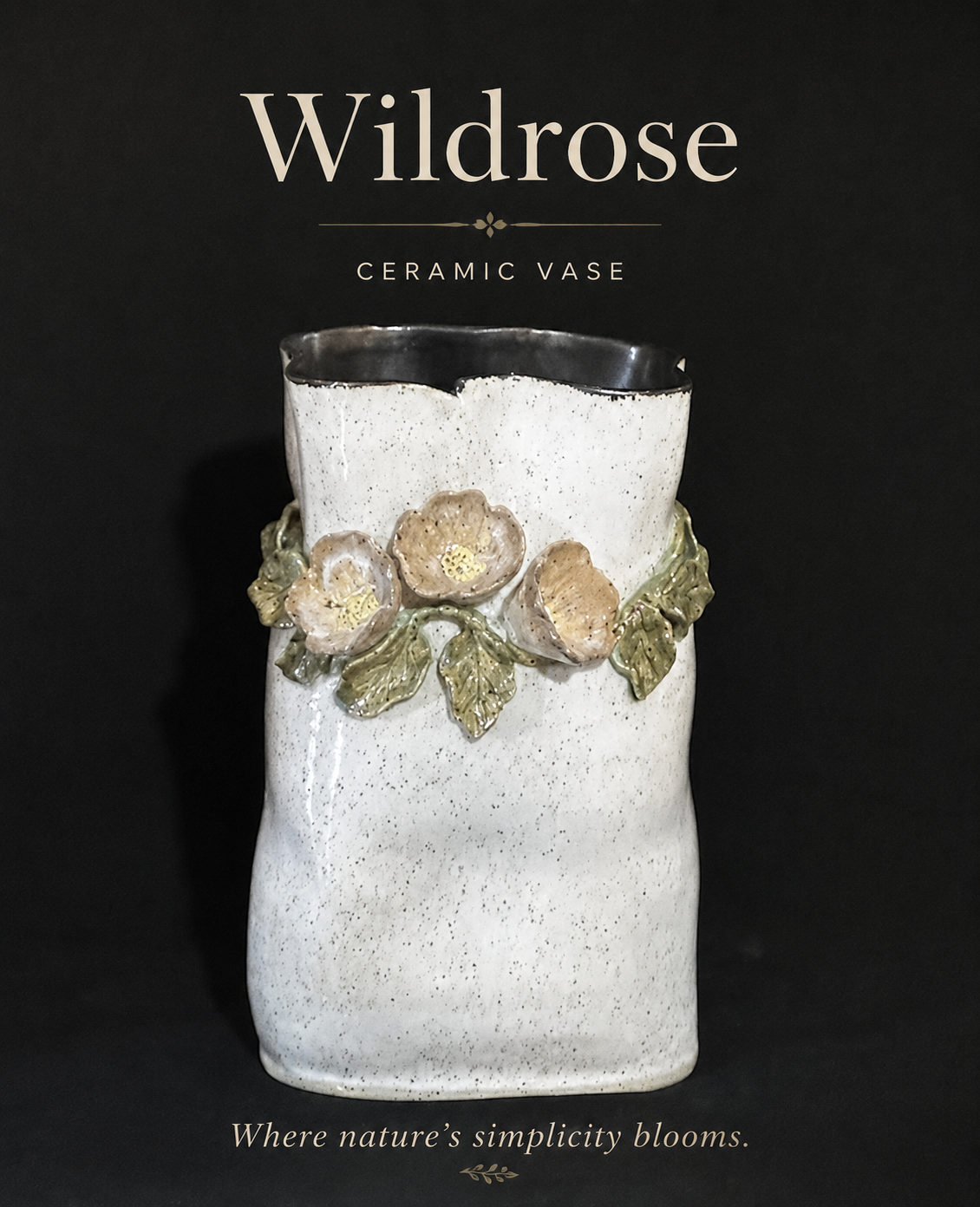 Wildflower Ceramic Vase with Cream Flowers and Leaves