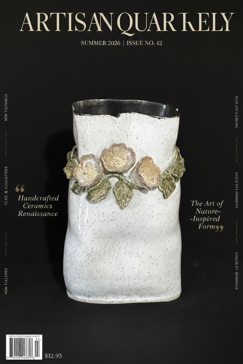 Wildflower Ceramic Vase with Cream Flowers and Leaves