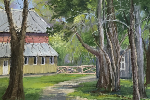 Original plein air pastel painting of a historic barn at The Abbey, Covington, Louisiana by Glinda Schafer — Helping Hands Gallery


