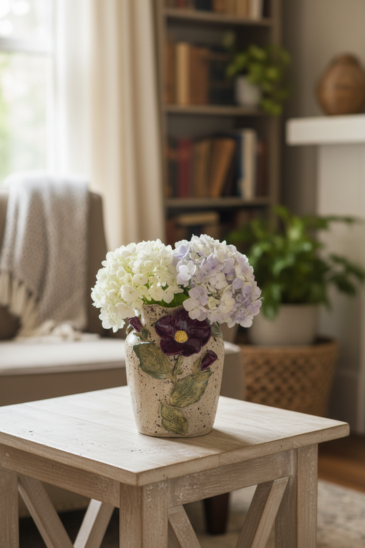 Speckled Ceramic Vase with Purple Flower