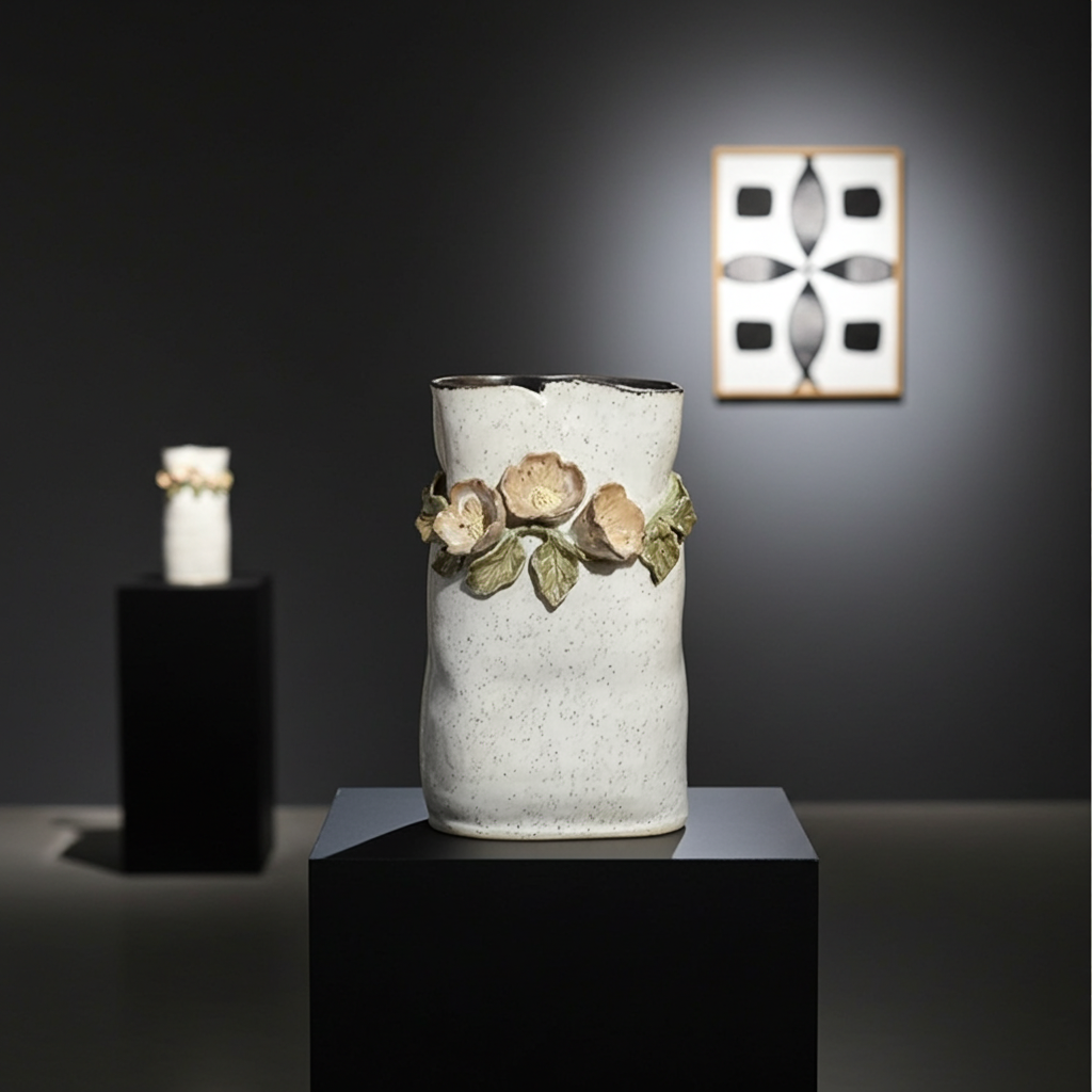 Wildflower Ceramic Vase with Cream Flowers and Leaves