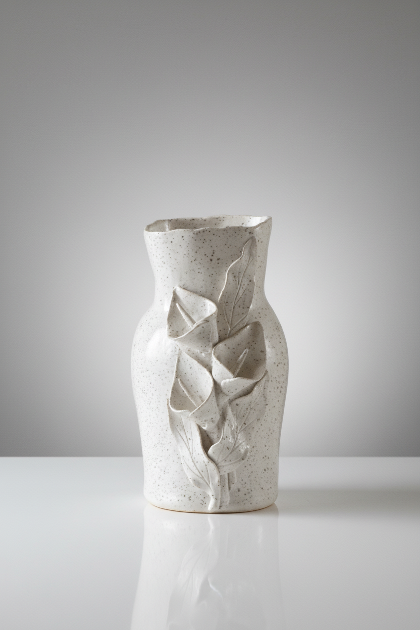 Speckled White Vase With Calla Lilies